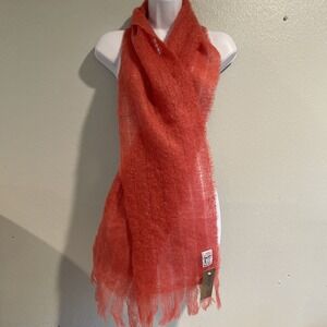 NWT AVOCA HANDWEAVERS Ireland Mohair Wool Tassle Fringe MUFFLER SCARF Coral 75x9